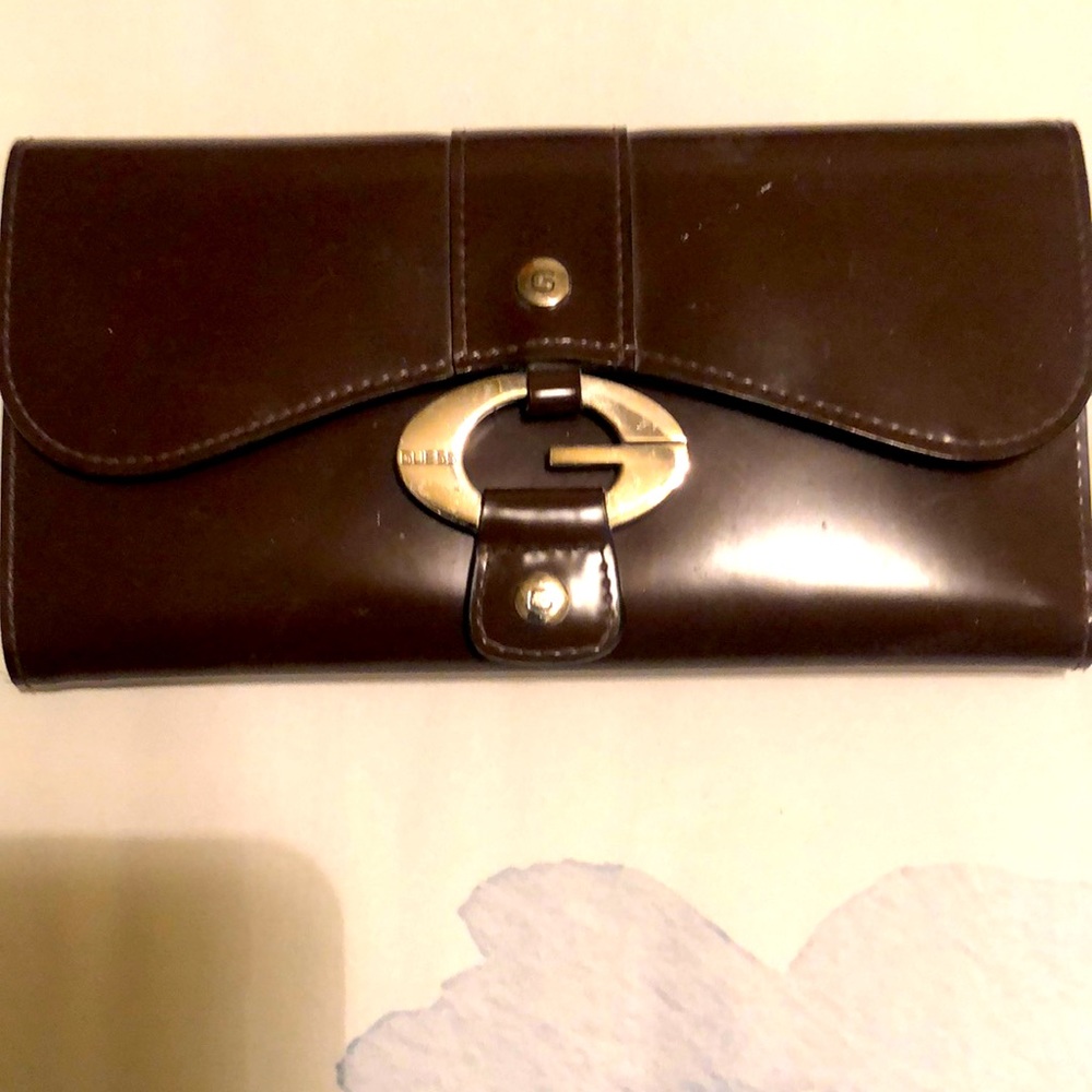 Brown Patented Leather Look Full Sized Guess Checkbook Wallet